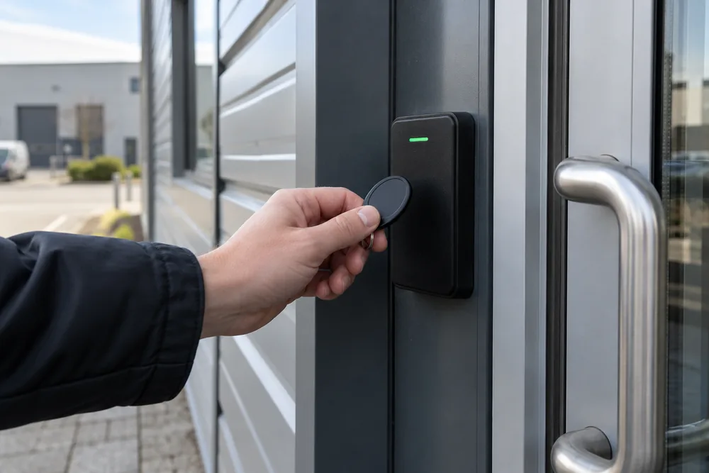 Access fob presented to a reader beside a commercial door