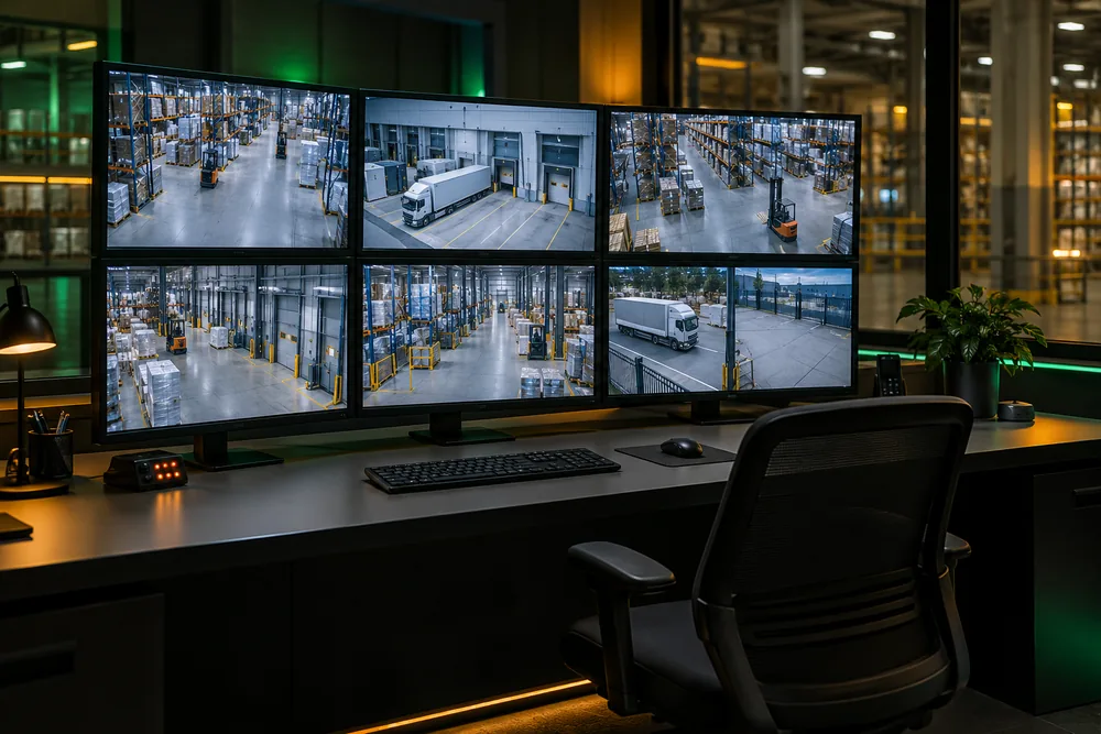 Security desk with screens showing commercial premises