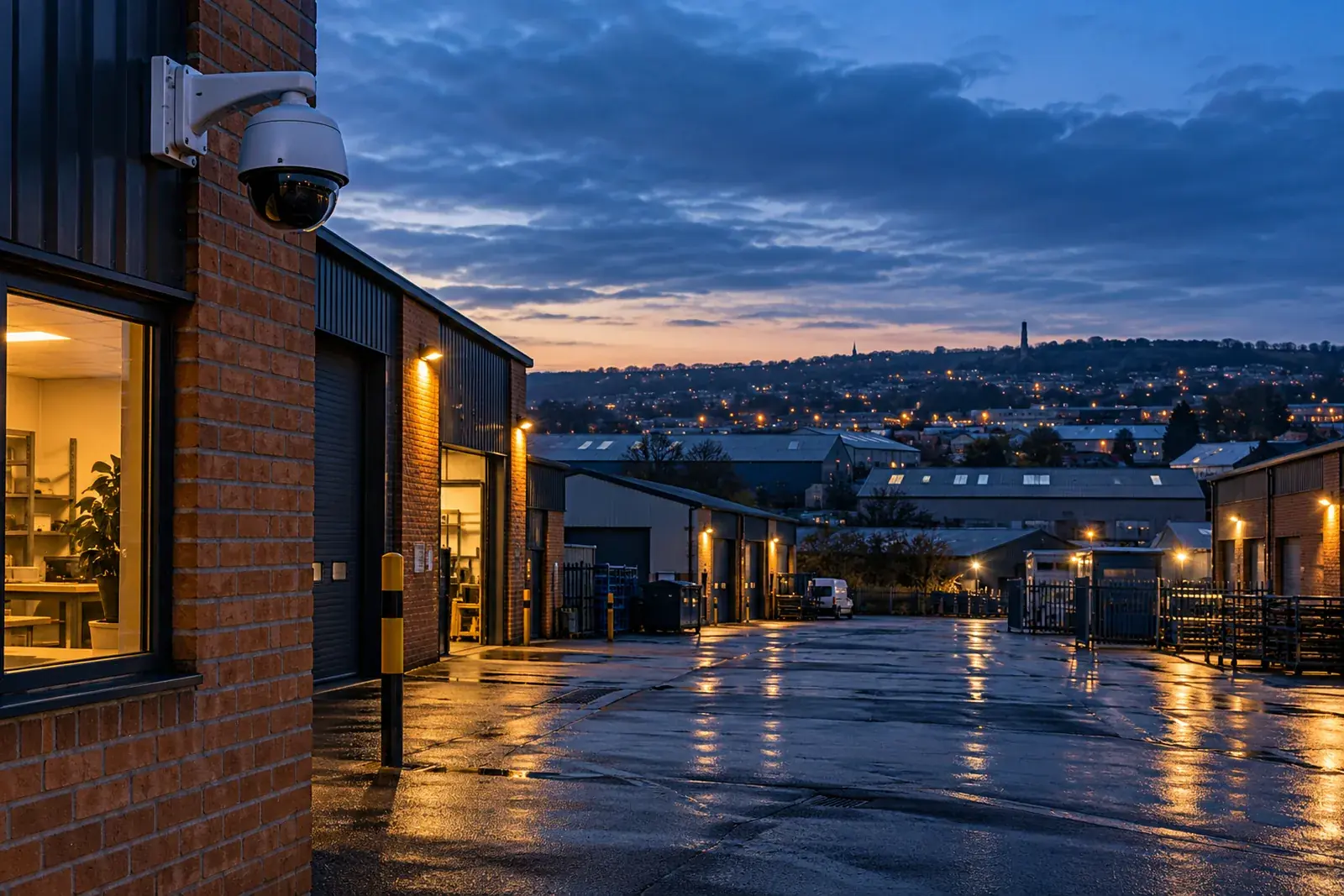 CCTV camera overlooking a brick industrial estate at dusk