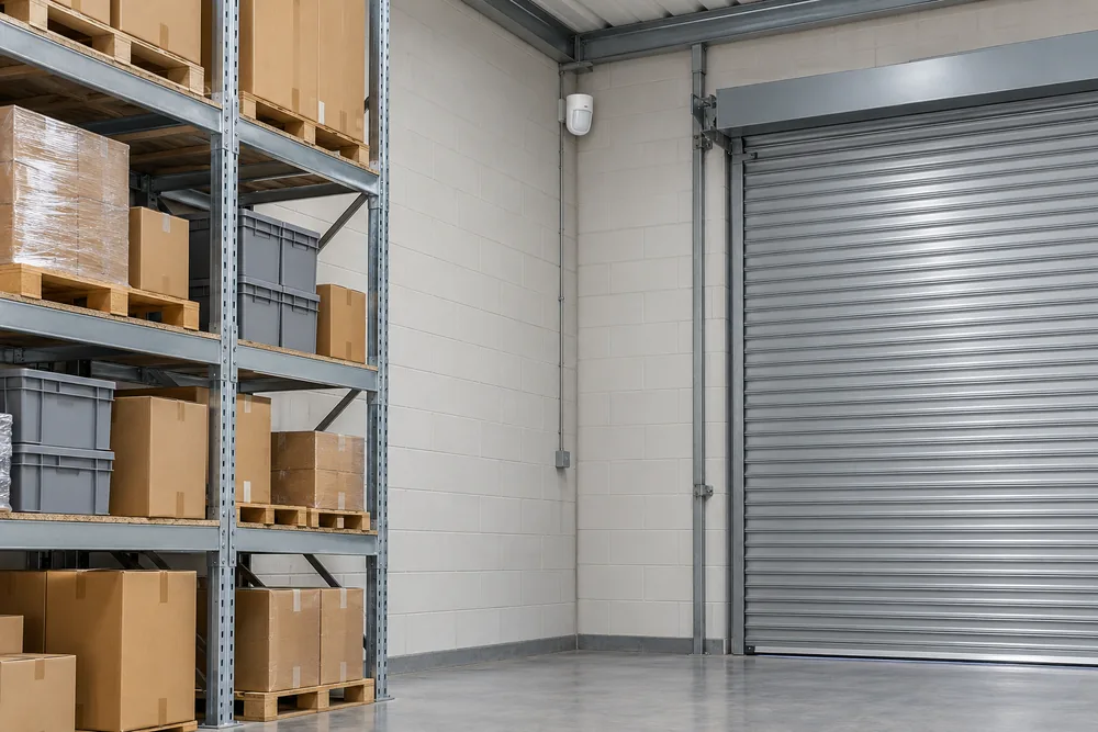 Intruder alarm detector overlooking a warehouse interior